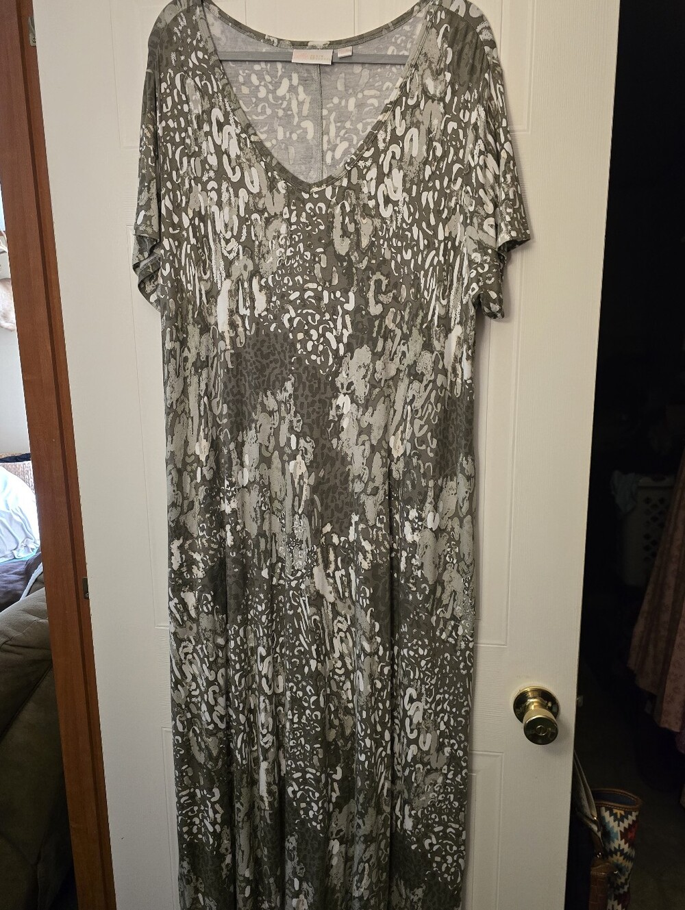 Belle by Kim Gravel Olive and White Printed Maxi Dress